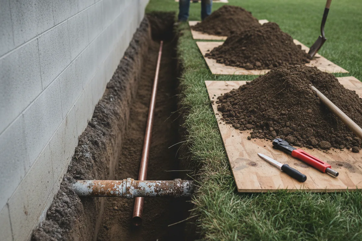 Excavated water line trench during Water Softener Installation in Mannford